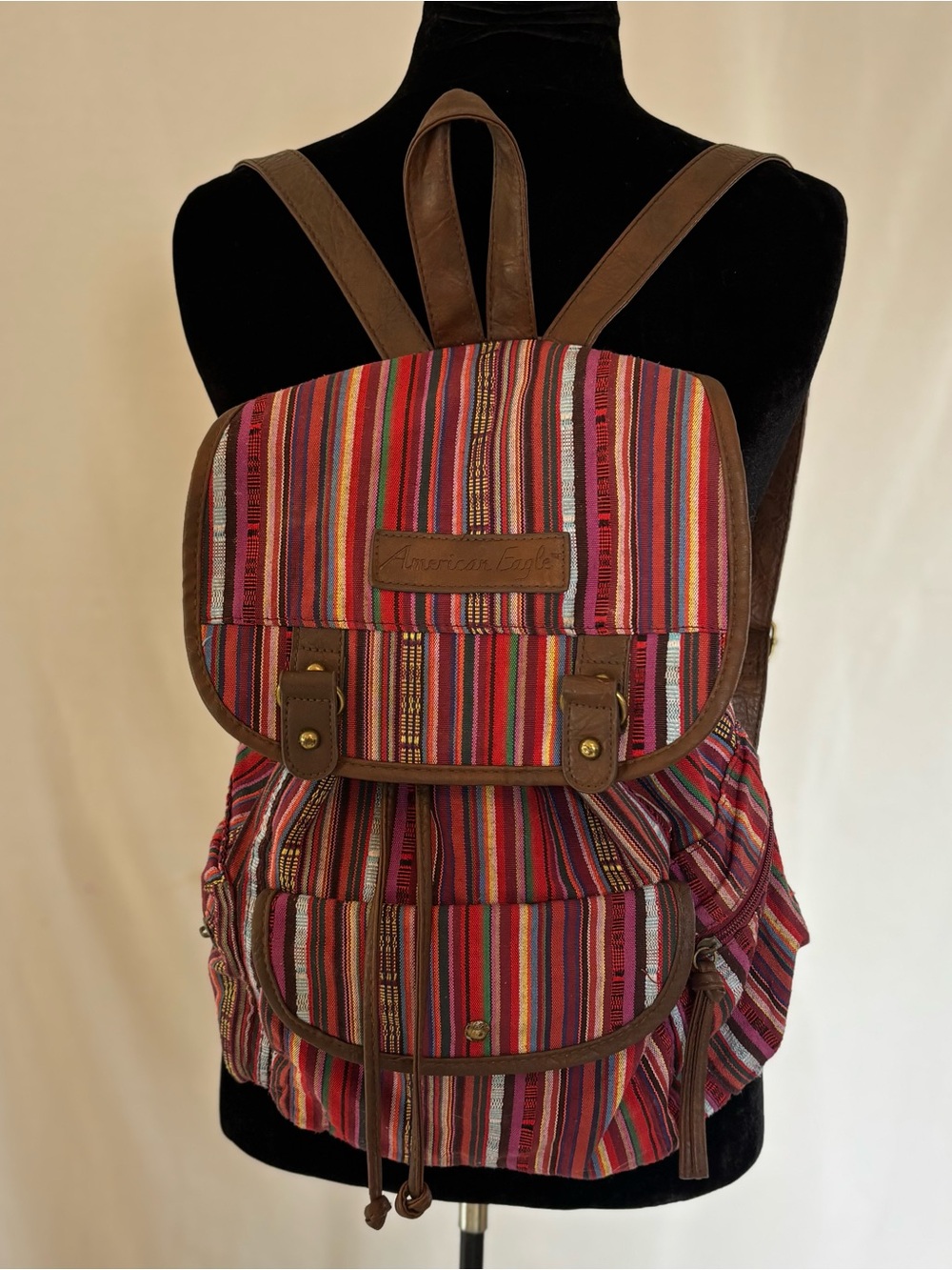 American Eagle Boho Stripe Backpack Festival Southwestern Indie Folk Brown Trim
